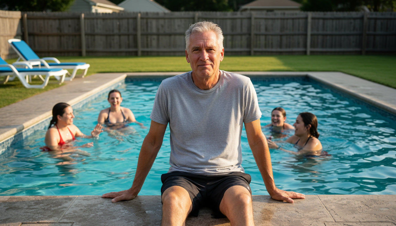 Man sitting at pool keeping his shirt on